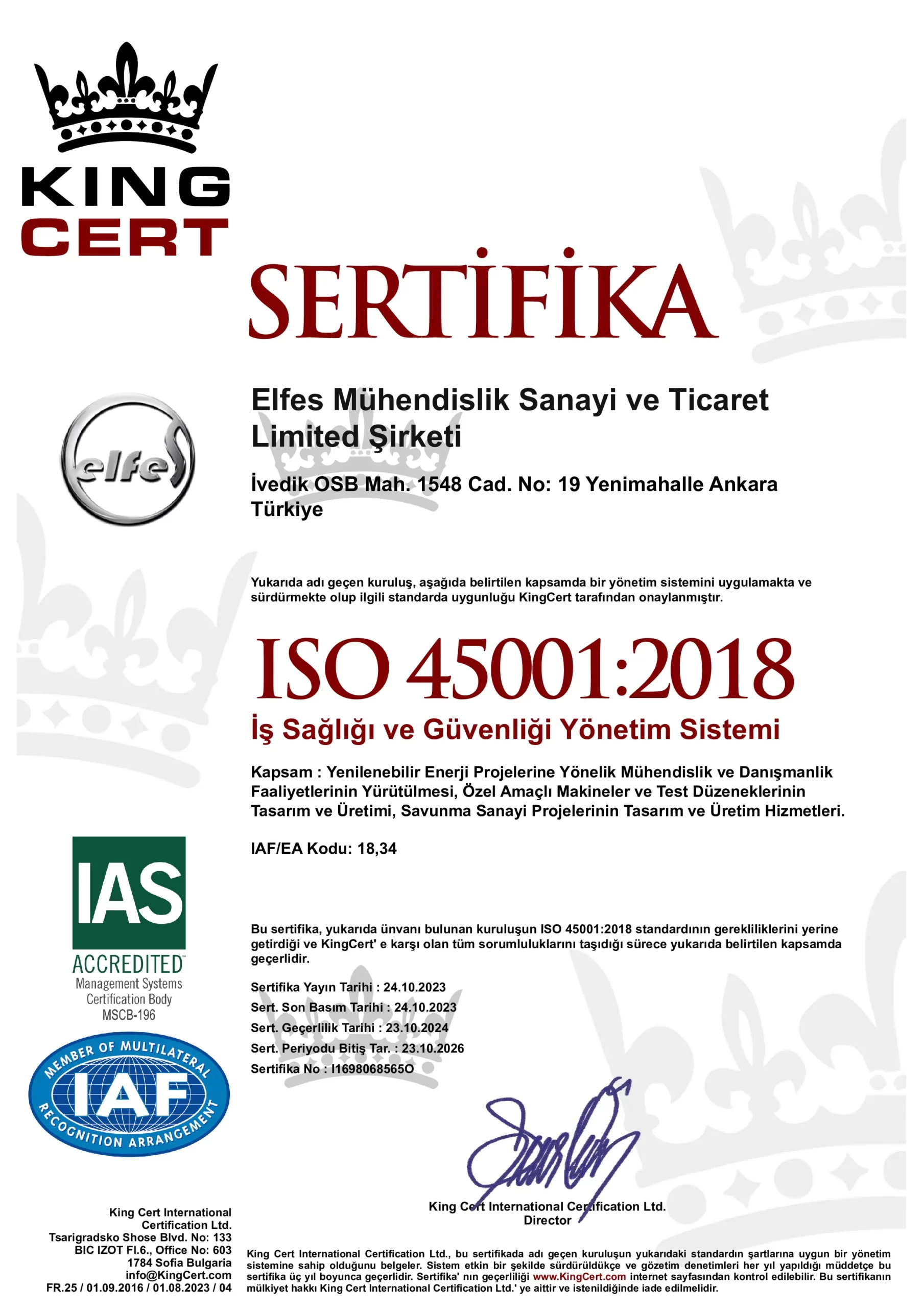 Elfes Mühendislik 45001 2023-2