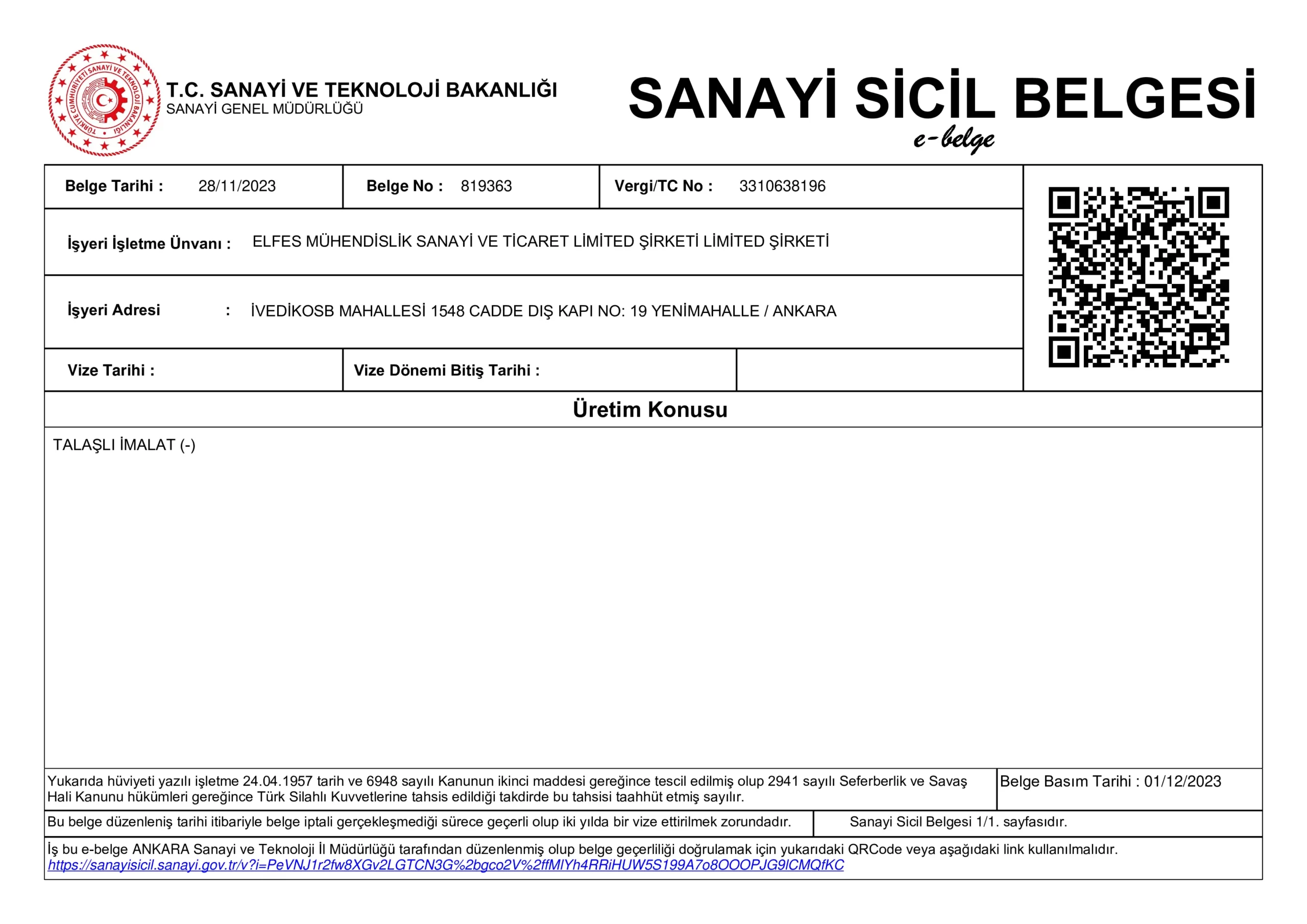 Sanayi Sicil Belgesi ELFES Mühendislik